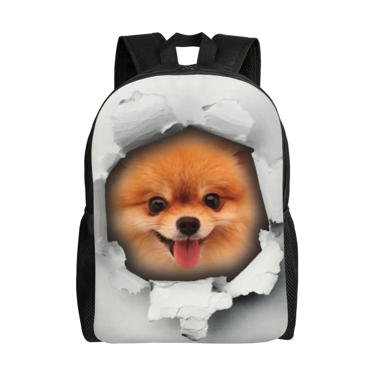 

Custom Cute Pomeranian Dog In A Hole Backpack for Men Women School College Students Bookbag Fits 15 Inch Laptop Spitz Puppy Bags