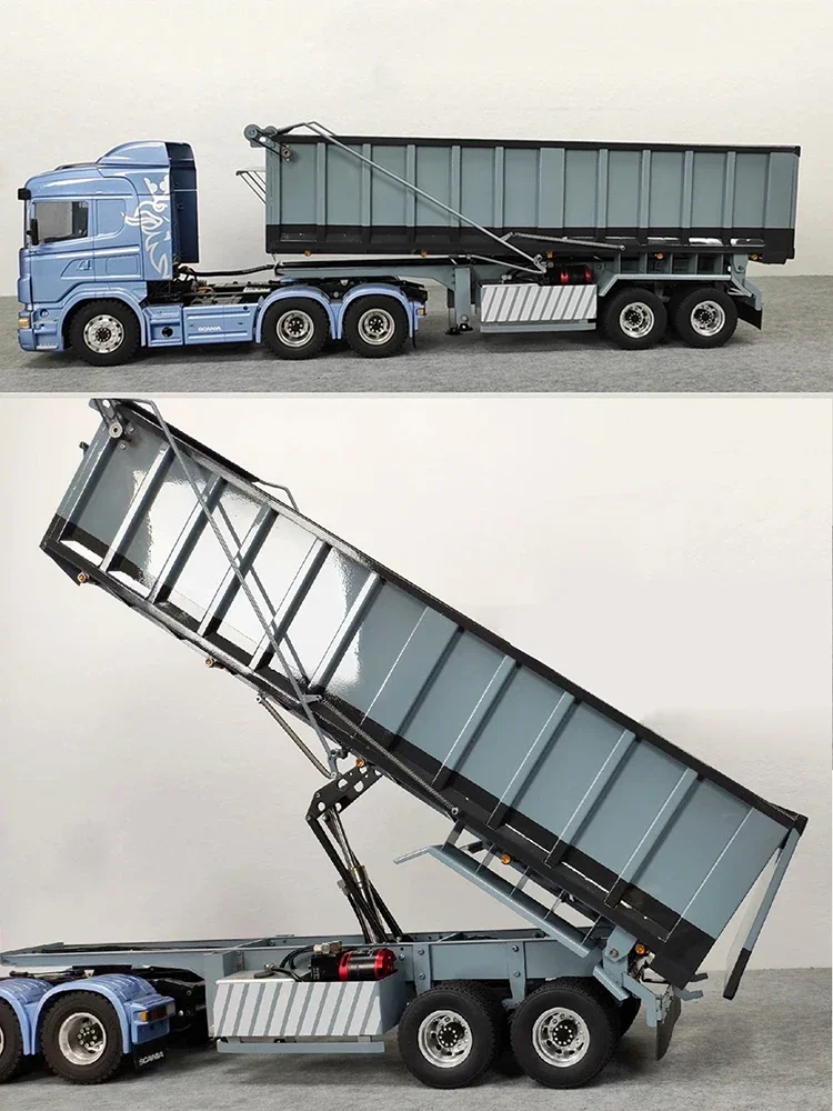 1/14 Metall-Doppelachsen-Hydraulik-Dump-Anhänger mit elektrischer Plane, geeignet für RC-LKW-Traktor, ferngesteuertes Automodell, Spielzeug