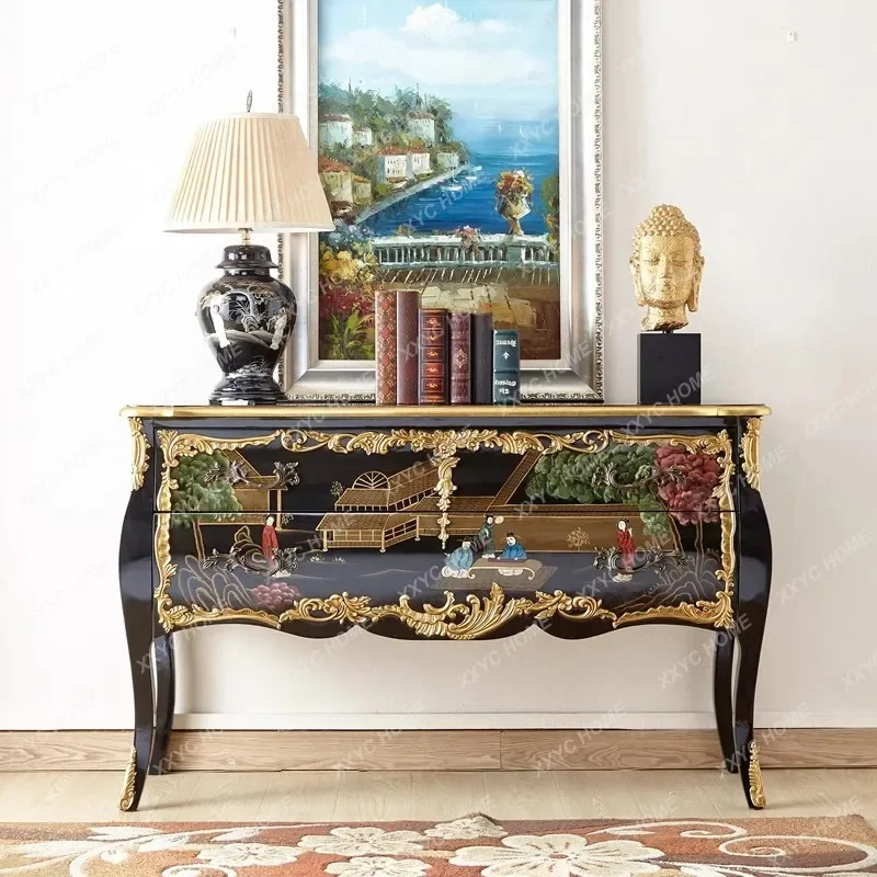 DV  solid wood porch cabinet retro palace flower painted  chest cabinet bedroom storage decorative cabinet