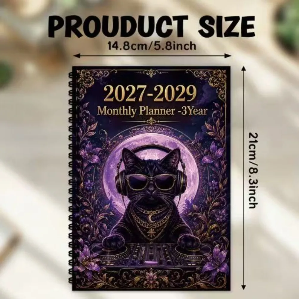 European and American Black Cat Monthly Plan, Cool Sa Dark DJ Wind Coil Style Three Year Growth Plan Book (Spiral Binding)