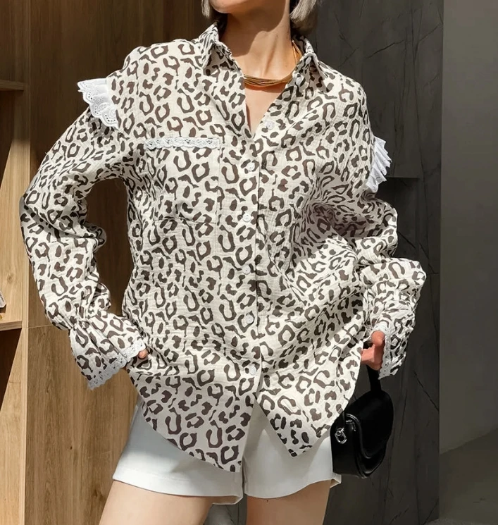 Women's Shirt Casual Fashion Loose Fit Cardigan Shirt Tops Leopard Print Lantern Long Sleeve Contrast Lace Decor Blouse Top