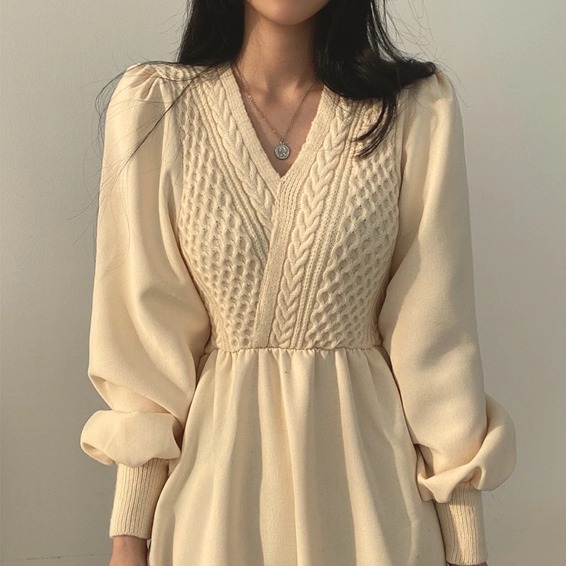 Vintage Autumn Knitted Korean Solid Woman Sweater Dress Women Dresses Thick 2022 Clothing Warm Winter Elegant Apricot Vestido