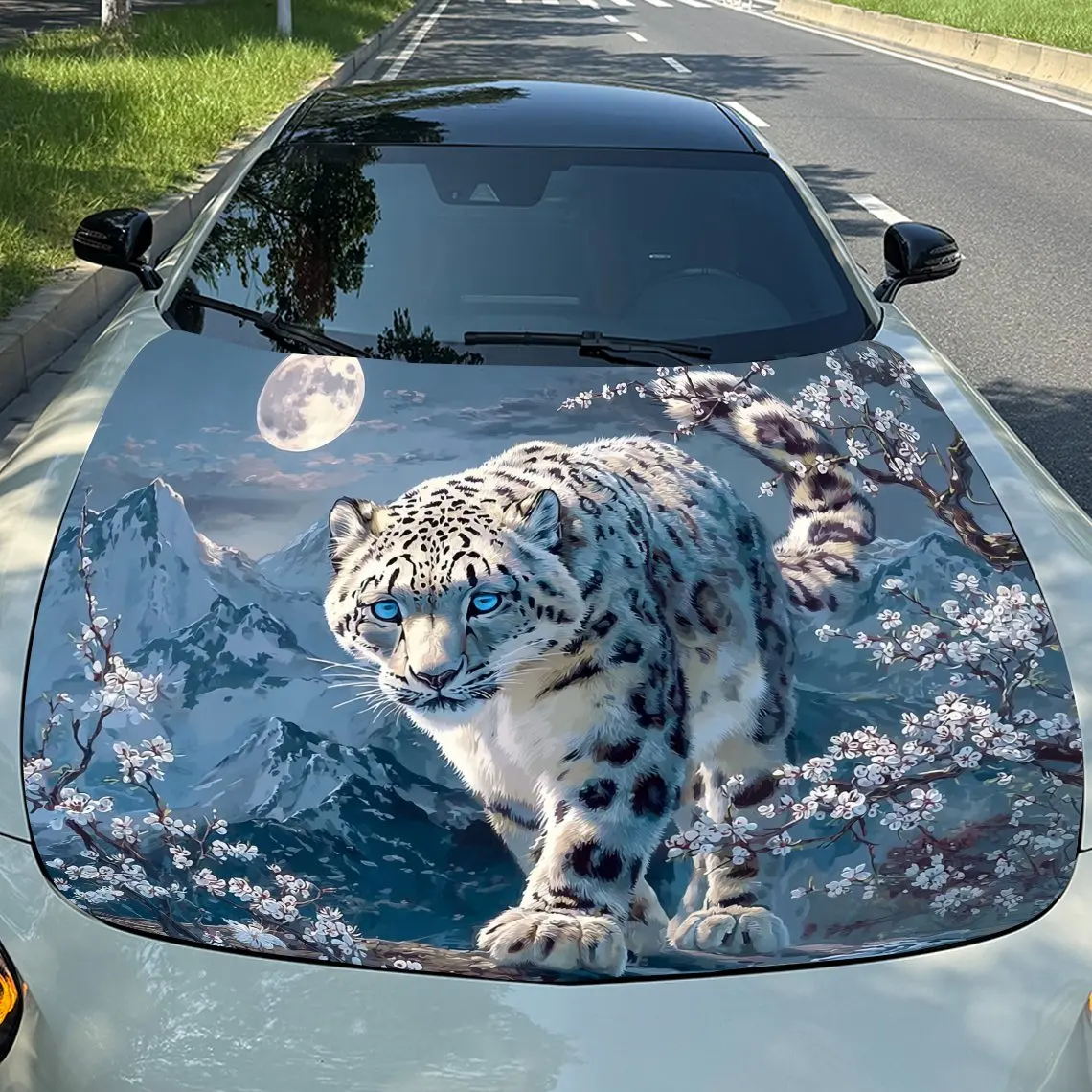 Cherry Blossom Snow Leopard Print Car Hood Decal Sticker - Durable PVC Vinyl Wrap For Most Vehicles, Eye-Catching Cool Pattern D