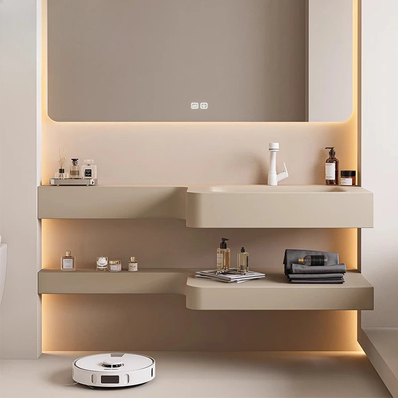 

Milk tea color integrated basin hanging smart bathroom cabinet combination cream style bathroom washbasin customization