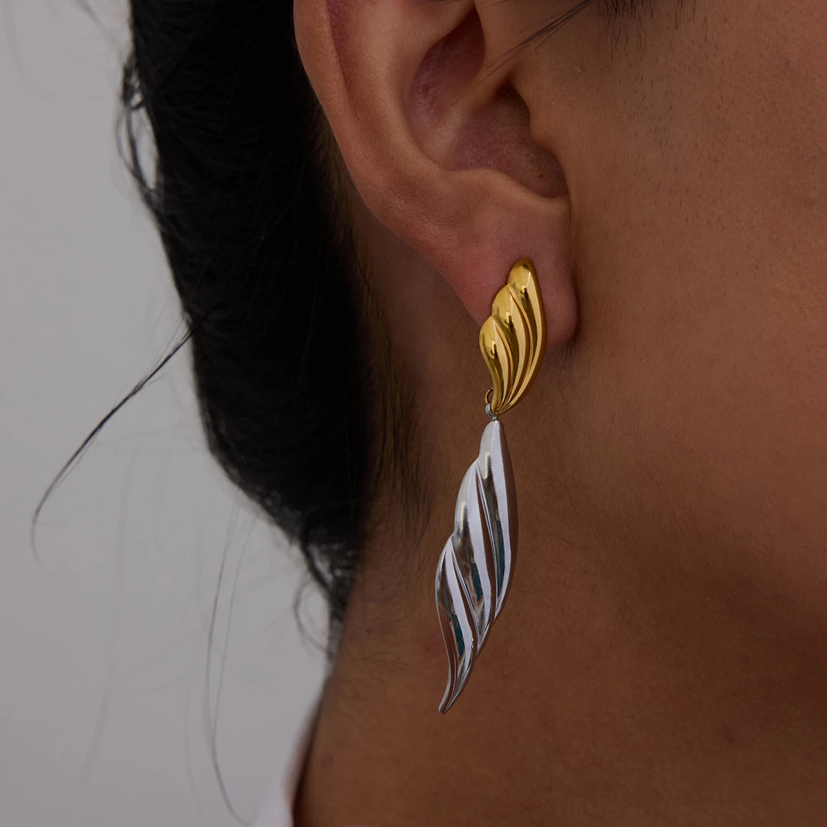 Yori Trendy Minimalistic Ribbed Wing Earrings Waterproof Polished 18K PVD Plated Chic Stylish Ear Jewelry