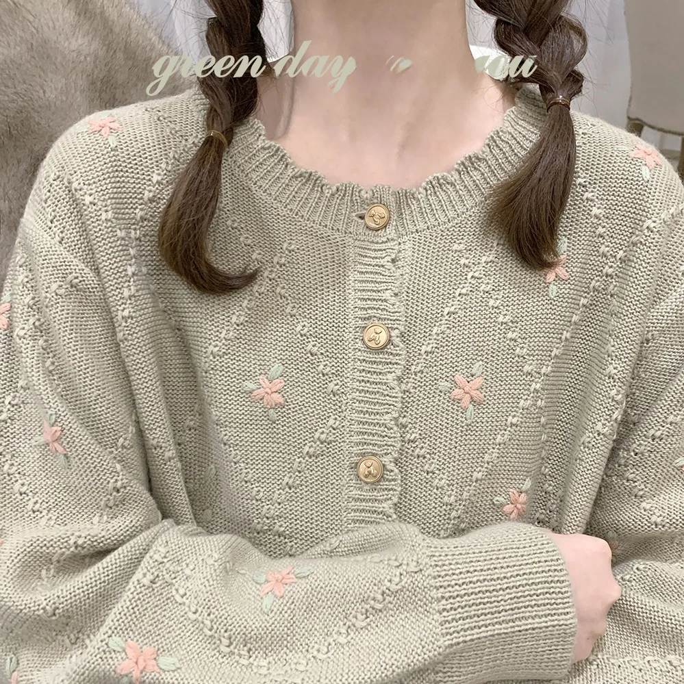 Vintage Handmade Knitted Sweater Cardigan Floral Embroidery Green Cute Floral Retro Girl Commute Style Long Sleeve round Neck