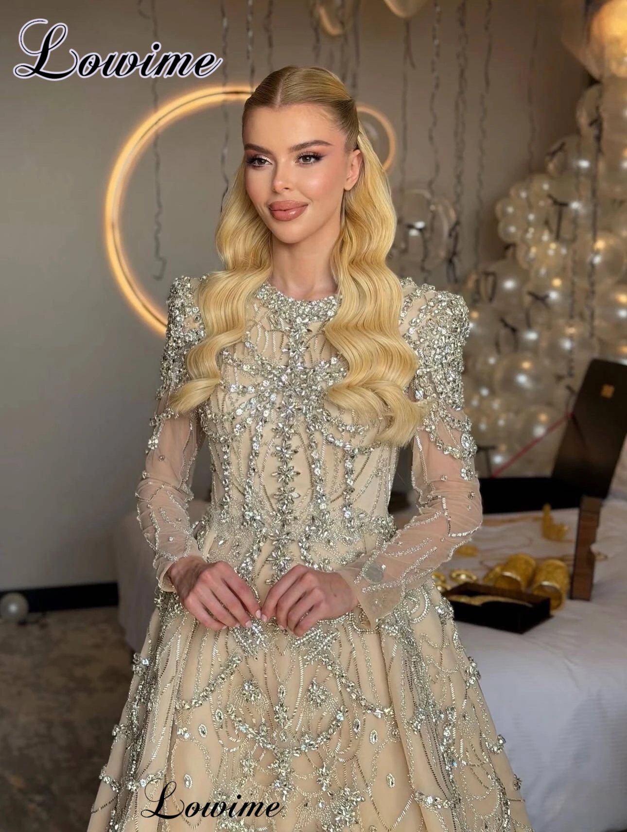 

Luxury Champagne Crystals Evening Dresses With Detachable Train Long Sleeves Wedding Party Dresses robe de soirée Customized