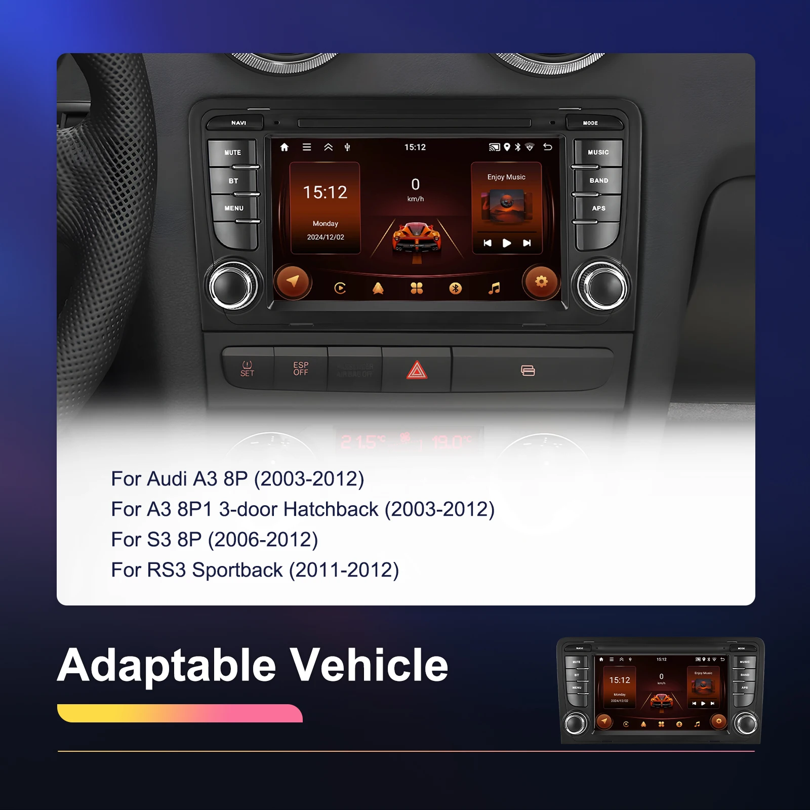 Podofo 2DIN 2+64G Autoradio für Audi A3 8P (2003-2012)/RS3 Sportback (2011-2012) Carplay Auto-Audio Android Auto GPS Mirror Link – Detail 3