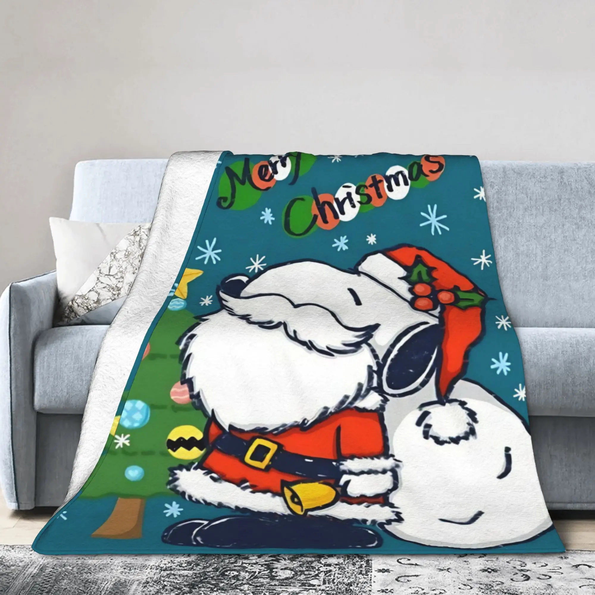 S-Snoopys Xmas Snowman Santa Wool Blankets  Funny Throw Blankets for Bed Sofa Couch 150*125cm Rug Piece