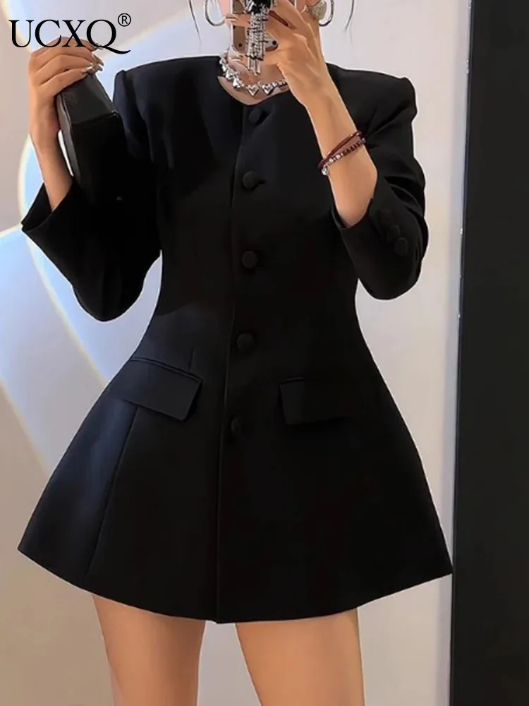 UCXQ Fashion Blazer Coat Korean Style Collarless Waist Black Simple All Match Elegant Jacket Women 2024 New Spring Autumn 3C1983