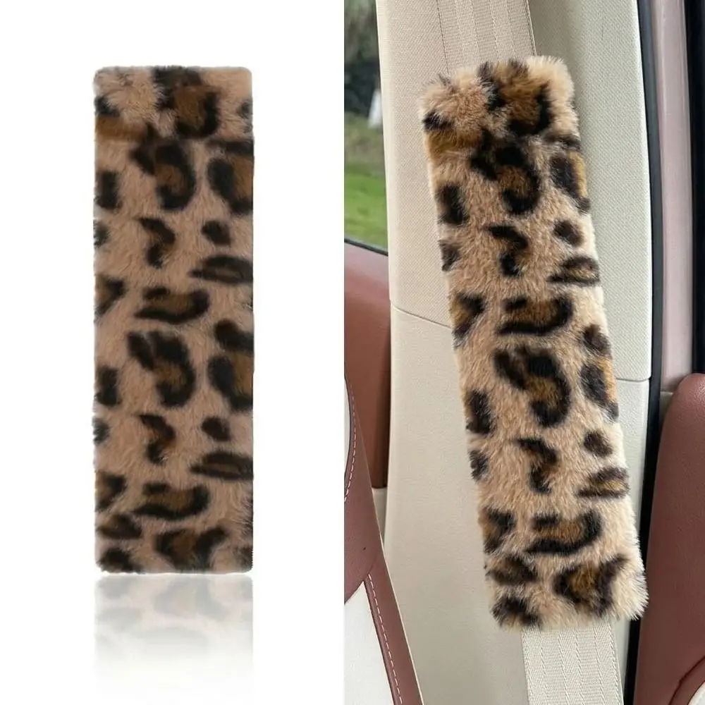 Leopard Print Car Seat Belt Shoulder Pads Durable Imitation Rabbit Fur Car Seat Belt Cover Anti Slip Soft Fluffy