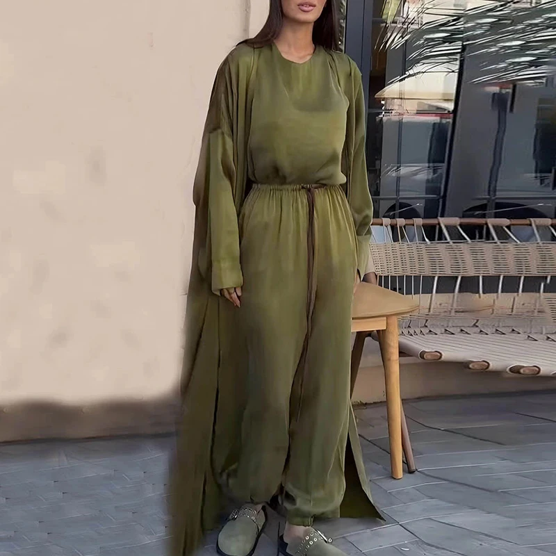 

Элегантный однотонный комплект из трех предметов для поездок на работу, элегантные свободные брюки с эластичной резинкой на талии, женский повседневный весенний костюм с шалью и длинными рукавами