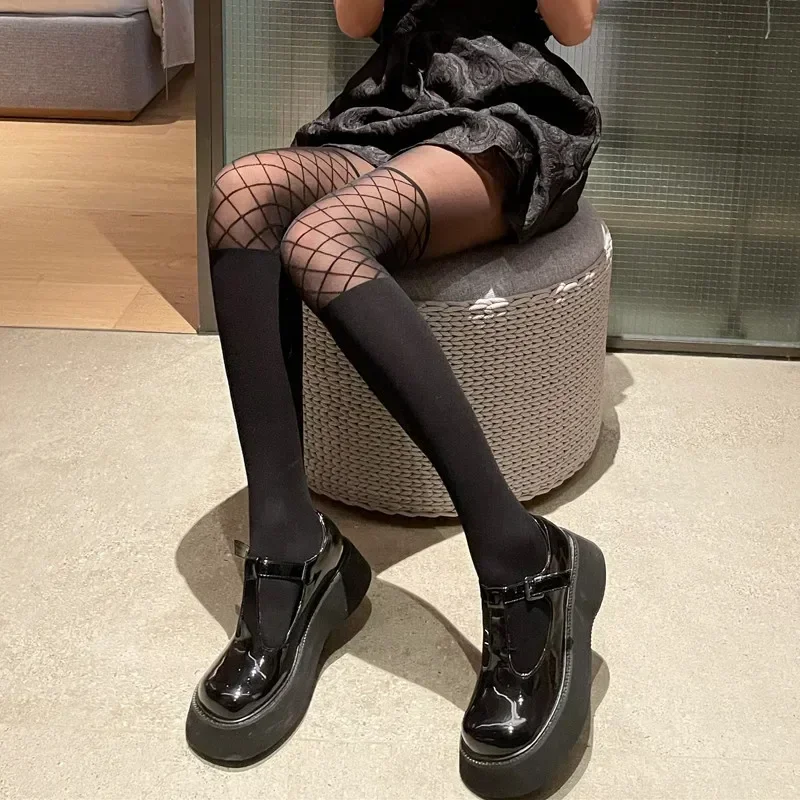 Sexy Mesh Fishnet Nylon Thigh High Pantyhose Stockings Tights Women Punk Harajuku Lingerie Female Hosidery Nightclub Tight Black