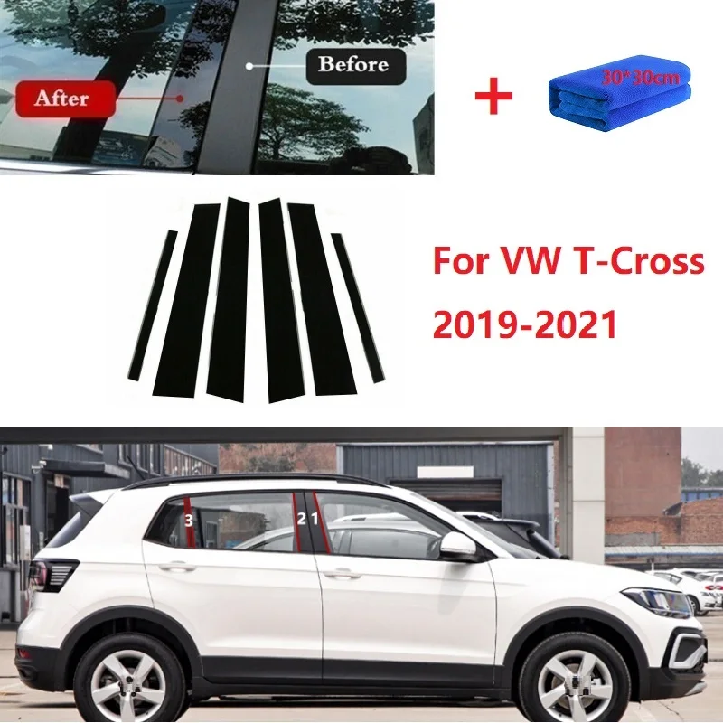 6PCS Polished Pillar Posts Fit For VW T-Cross T cross 2019-2021 Window Trim Cover BC Column Sticker