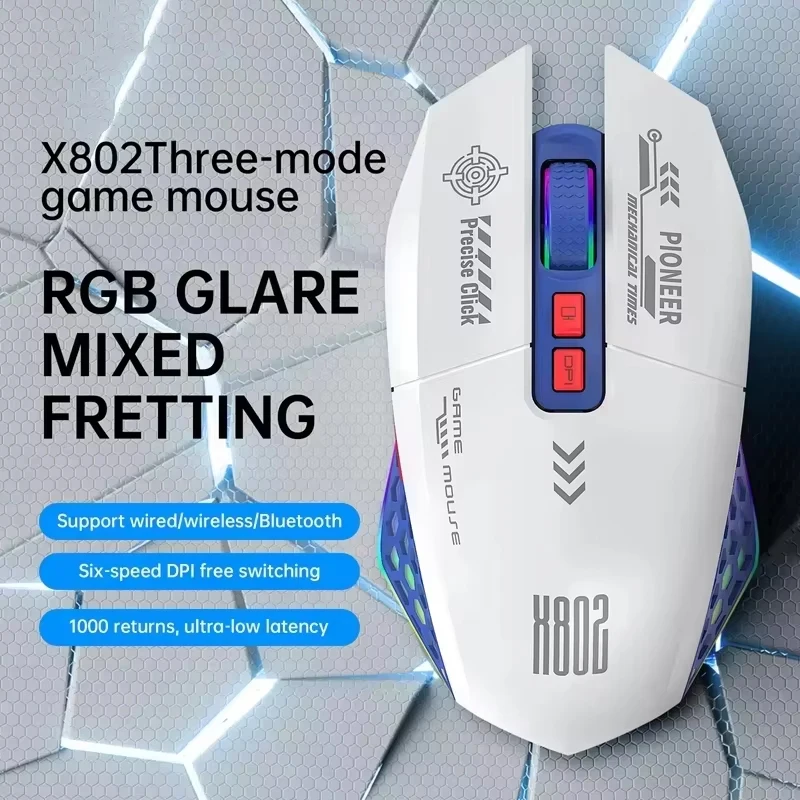 X802 Wireless Mouse Bluetooth 2.4G 3 Mode Mecha RGB Gaming Mouse 6 Level DPI Switch 1000Hz Polling Rate Ergonomic Design