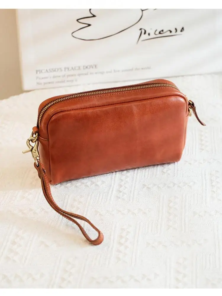 

simple vintage designer handmade genuine leather women's clutch bag outdoor casual travel luxury real cow leather phone wallet