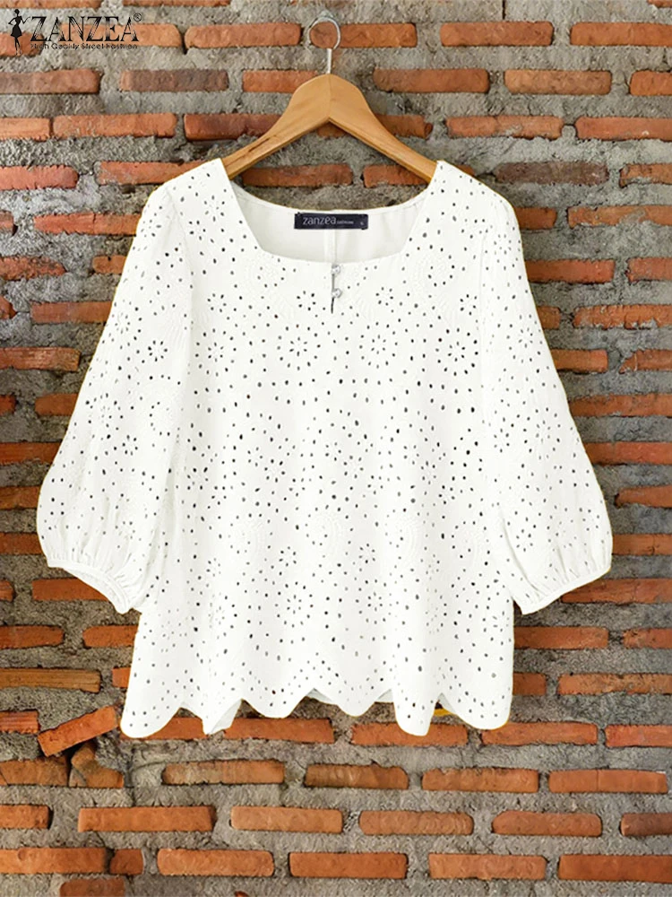 잔제아 빈티지 레이스 탑 블라우스 여성 패션 3/4 소매 O넥 블라우스 2025 가을 솔리드 컬러 트윈 캐주얼 루즈핏 코튼 풀오버