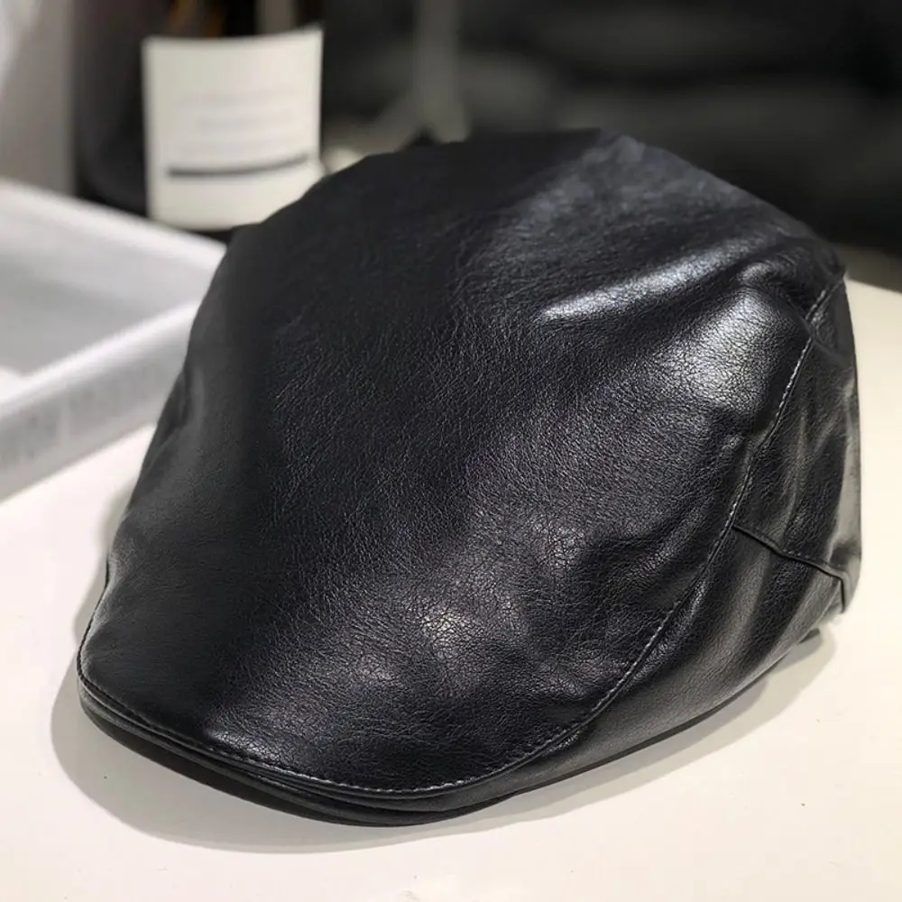 Baskenmütze aus PU-Leder im britischen Stil, Vintage-Stil, verstellbarer Riemen, Panamahut, achteckige Hip-Hop-Kappe im Freien