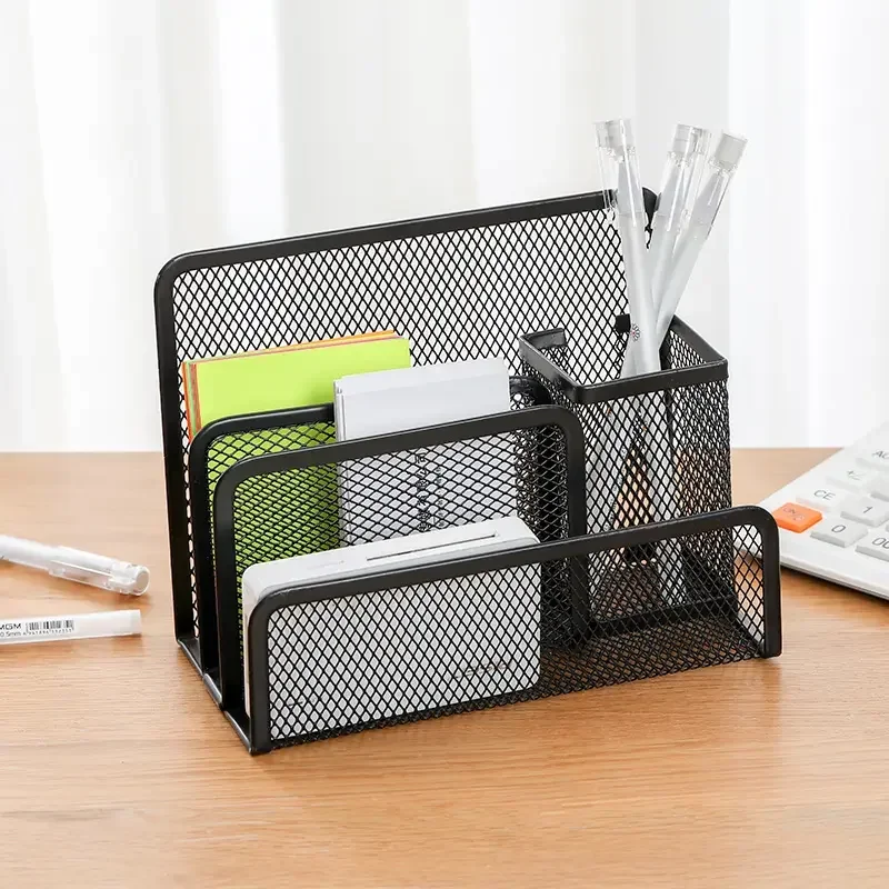 

Small Desk Pen Holder Mail Organizer Black Mesh File Letter Holder with 3 Compartments Drawer Metal Mesh Desktop Storage or