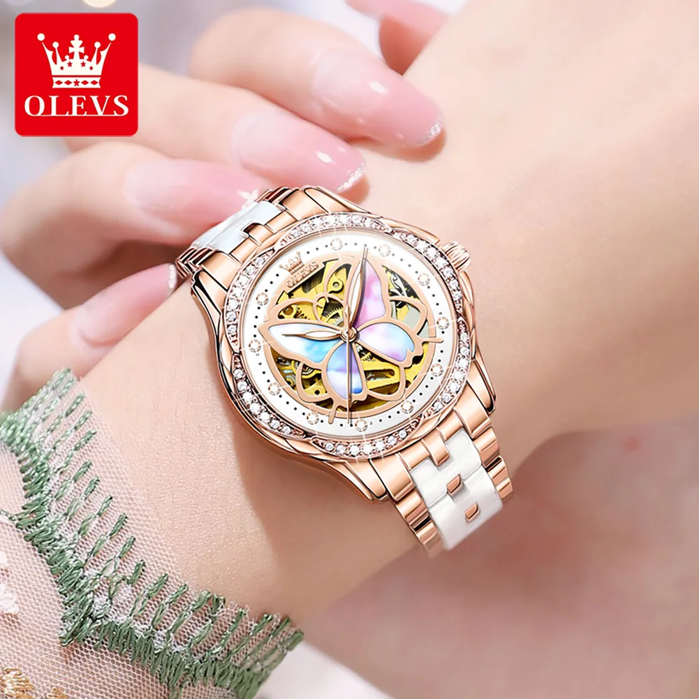 OLEVS-reloj mecánico con correa azul para mujer, reloj de pulsera Original con esqueleto automático de diamantes, elegante conjunto de relojes para