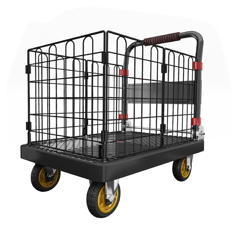 

Fenced trolley Thickened silent flat truck Pull cargo handling trolley Foldable household stall Small trailer