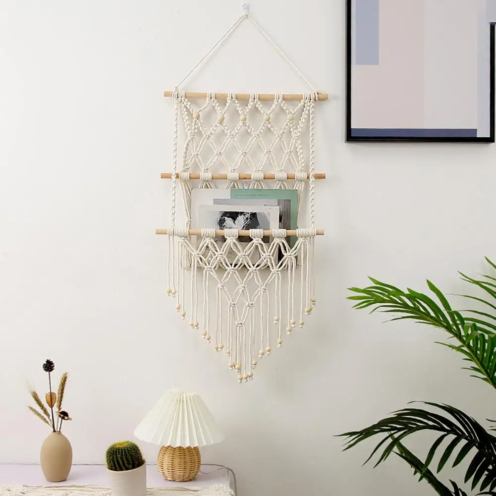 Tassel Accent Tapestry Bohemian Braided Tapestry Wall Hanging Organizer Knotted Rope Magazine Holder Geometric Woven for Bedroom