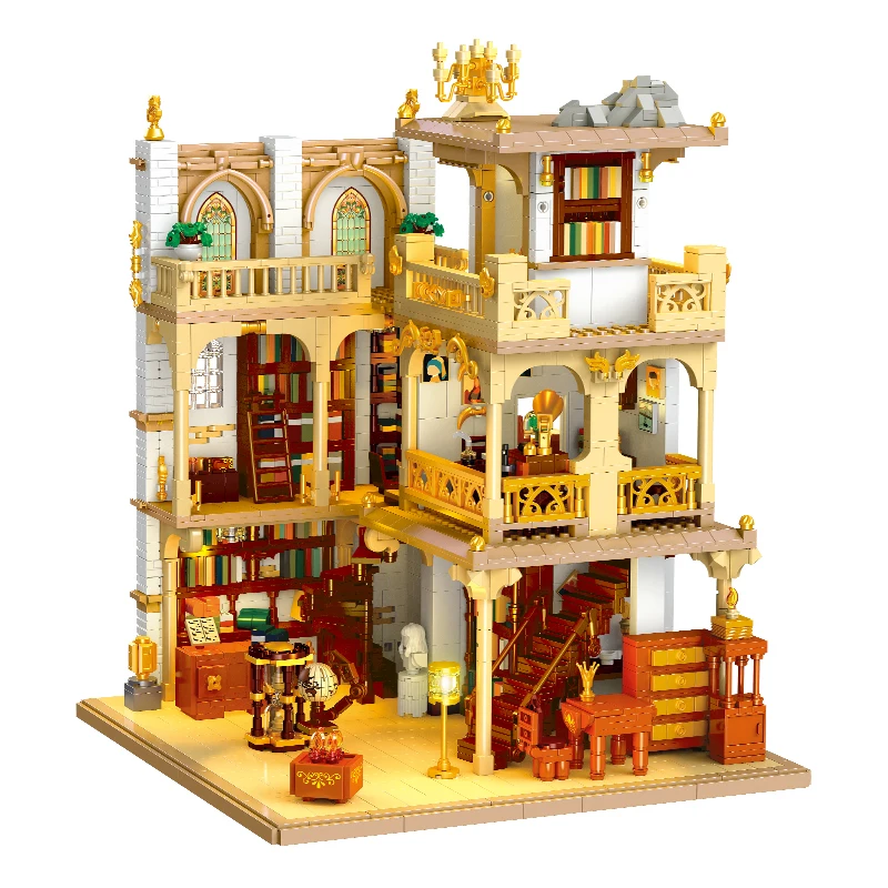MOC 중세 유럽 도서관 서점 빌딩 블록 세트 레저룸 상점 집 데스크탑 DIY 장난감 어린이 생일 선물