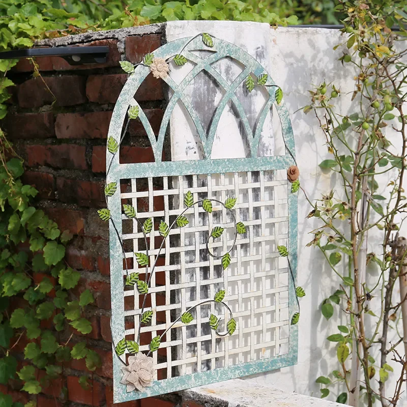 Retro wrought iron wall decoration hanging picture fake window cute flower shape decorative painting mural coffee bar decorative