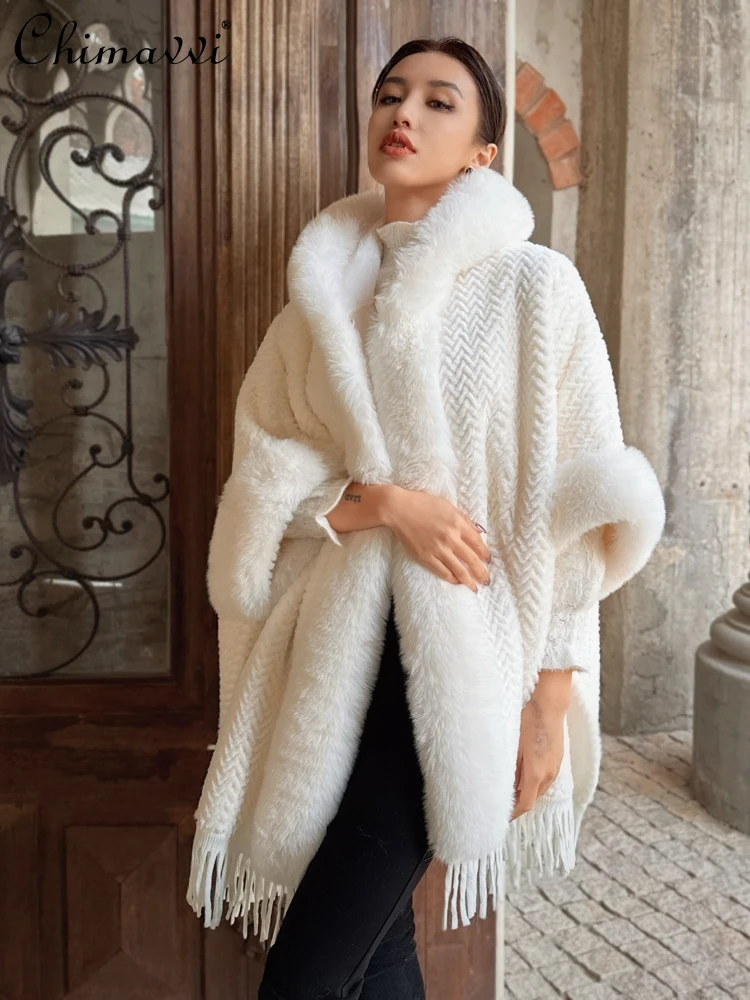 أزياء فرنسية أنيقة أوف وايت فو الثعلب الفراء طوق معطف طويل جاكيتات سميكة الدافئة شرابة أفخم كيب عباءة للنساء الشتاء #1
