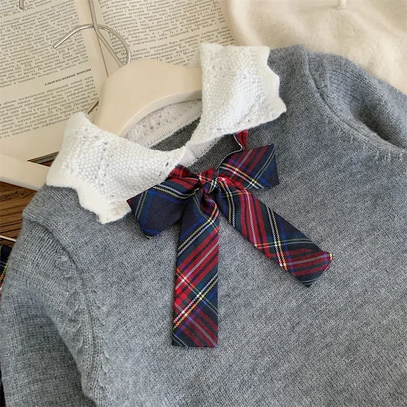 جديد الاطفال بوتيك ملابس الفتيات JK Preppy نمط سترة رمادية + تنورة منقوشة 2 قطعة مجموعة Kawaii تريكو طفلة الزي مجموعة 2-7y #3