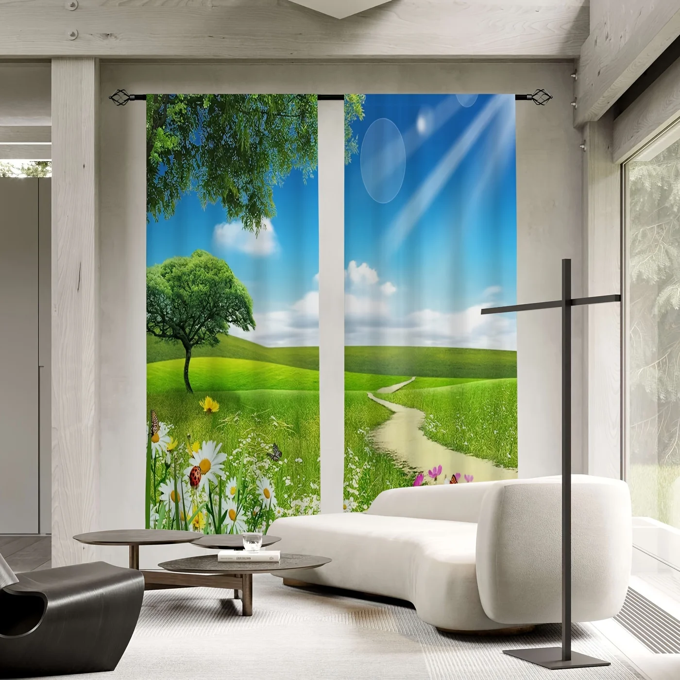 Watercolor Nature Landscape Floral Curtain Window Treatment Blue Sky Countryside Spring Garden Scenery Decorative Panel