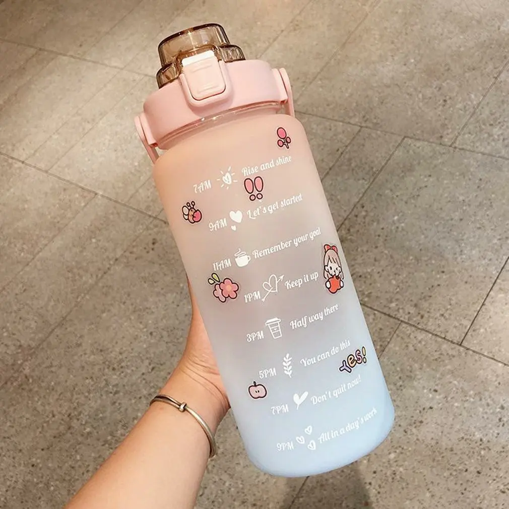 

2L Large Capacity Water Bottle With Bounce Cover Time Scale Reminder Frosted Leakproof Cup For Outdoor Sports Fitness