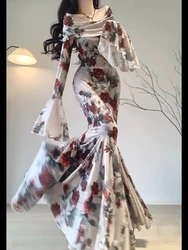 Elegant Vintage Rose Print Dress for Women Y2k Sexy Slim Waist Bodycon Dresses 2024 Summer New Long Sleeve Vestidos Mujer