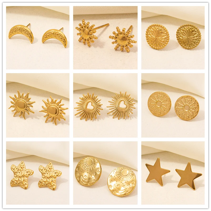 6pcs/Lot Stainless Steel Sun Moon Star Earrings For Women Men Accessories Real Gold Plated Ear Studs Earrings Jewelry Pendientes