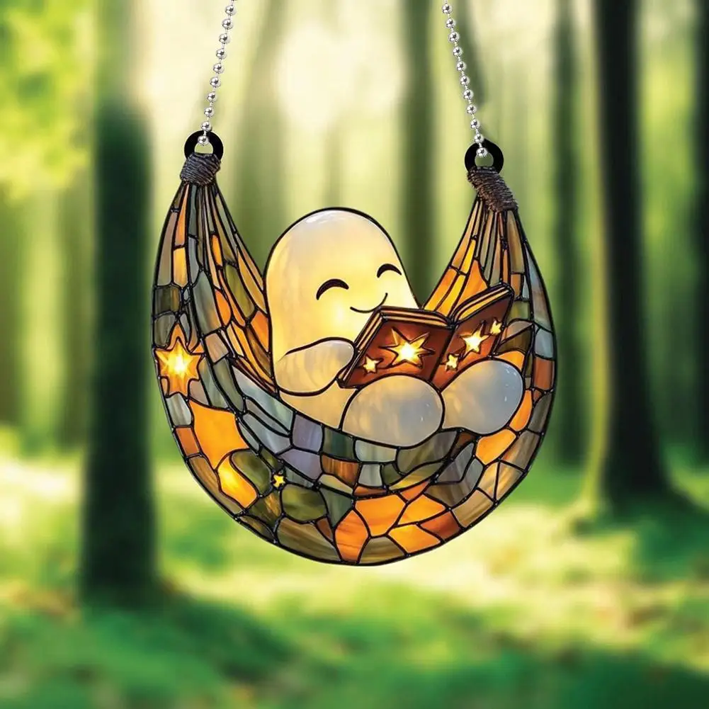 نافذة كتاب قراءة شبح الهالوين Suncatcher معلقة بظل ملون من الأكريليك نافذة معلقة زينة كتاب قراءة شبح ثنائي الأبعاد