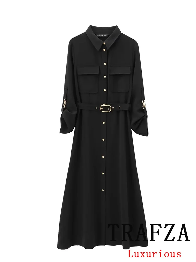 TRAFZA Vintage Chic Women Dress Black Solid Turn-down Collar Single Breasted Belt Vestidos New Fashion 2024 Autumn Chic Dress