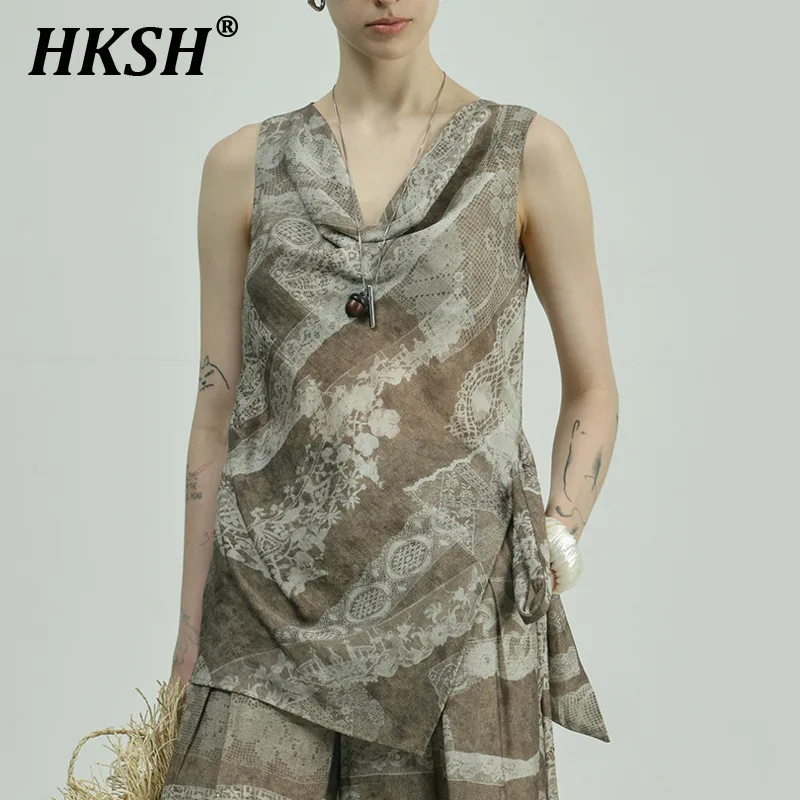 

HKSH Summer New Women Tide Ins High Street Elegant Fashion Vacation Style Casual Print Swing Collar Sleeveless Tank Tops HK5288
