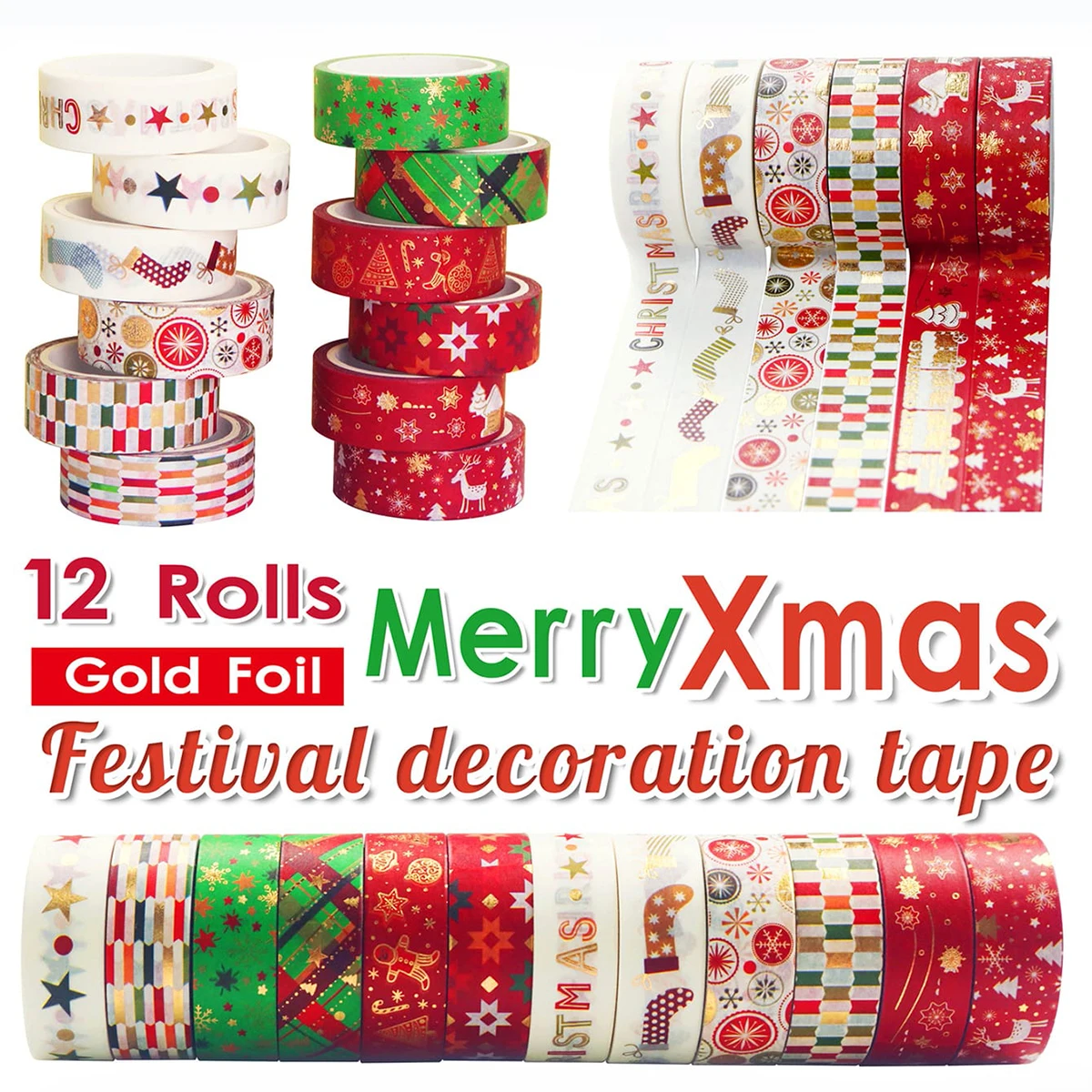 12 ロール/箱、繊細なクリスマスパターンのブロンズ和紙テープ、ホリデーパーティー DIY グリーティングカードギフトボックスの装飾に最適