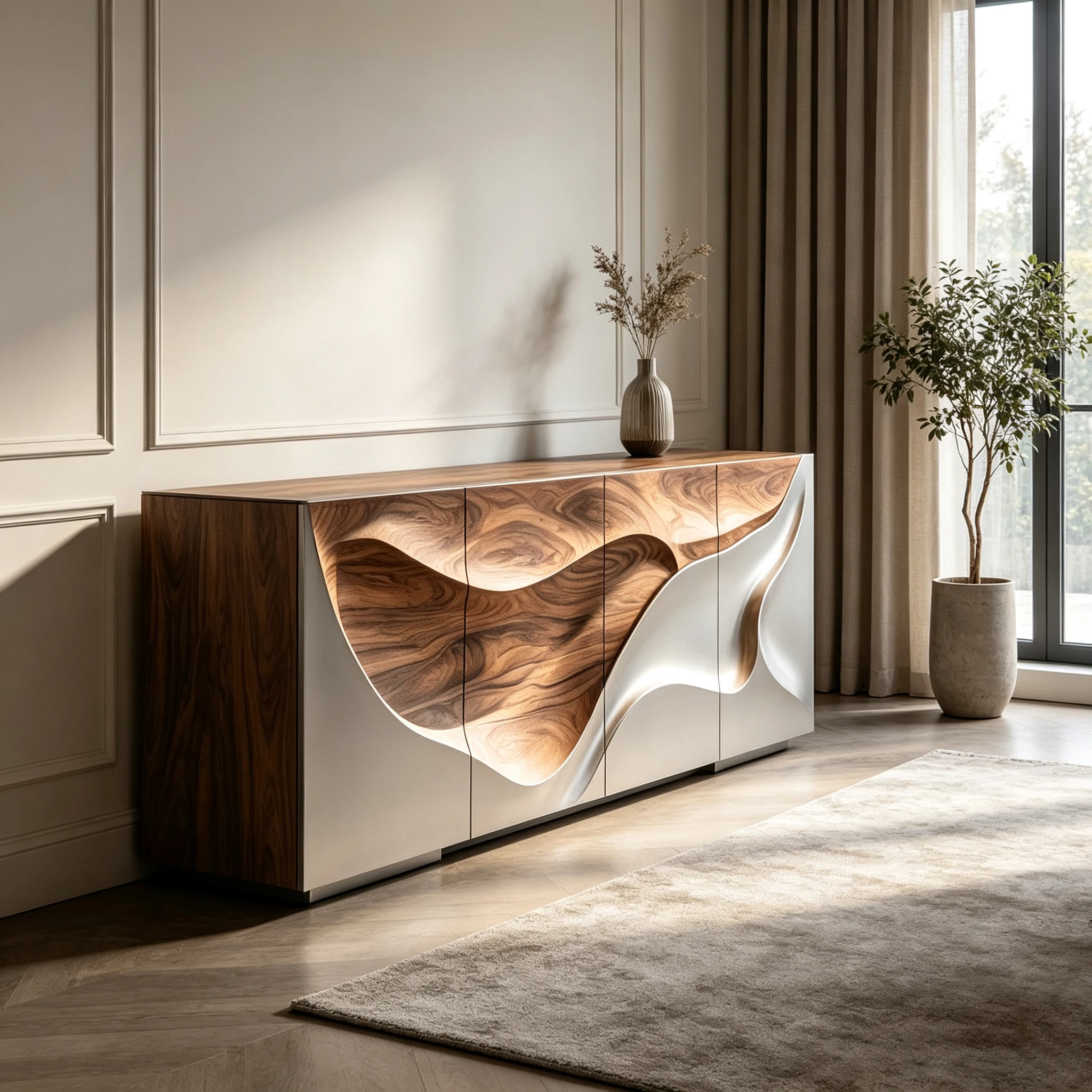 M*-4 Door Silver Fiberglass Storage Cabinet Deep Wavy Walnut Sculpture Panel Solid Wood Top for Luxury Villa Entryway Decor