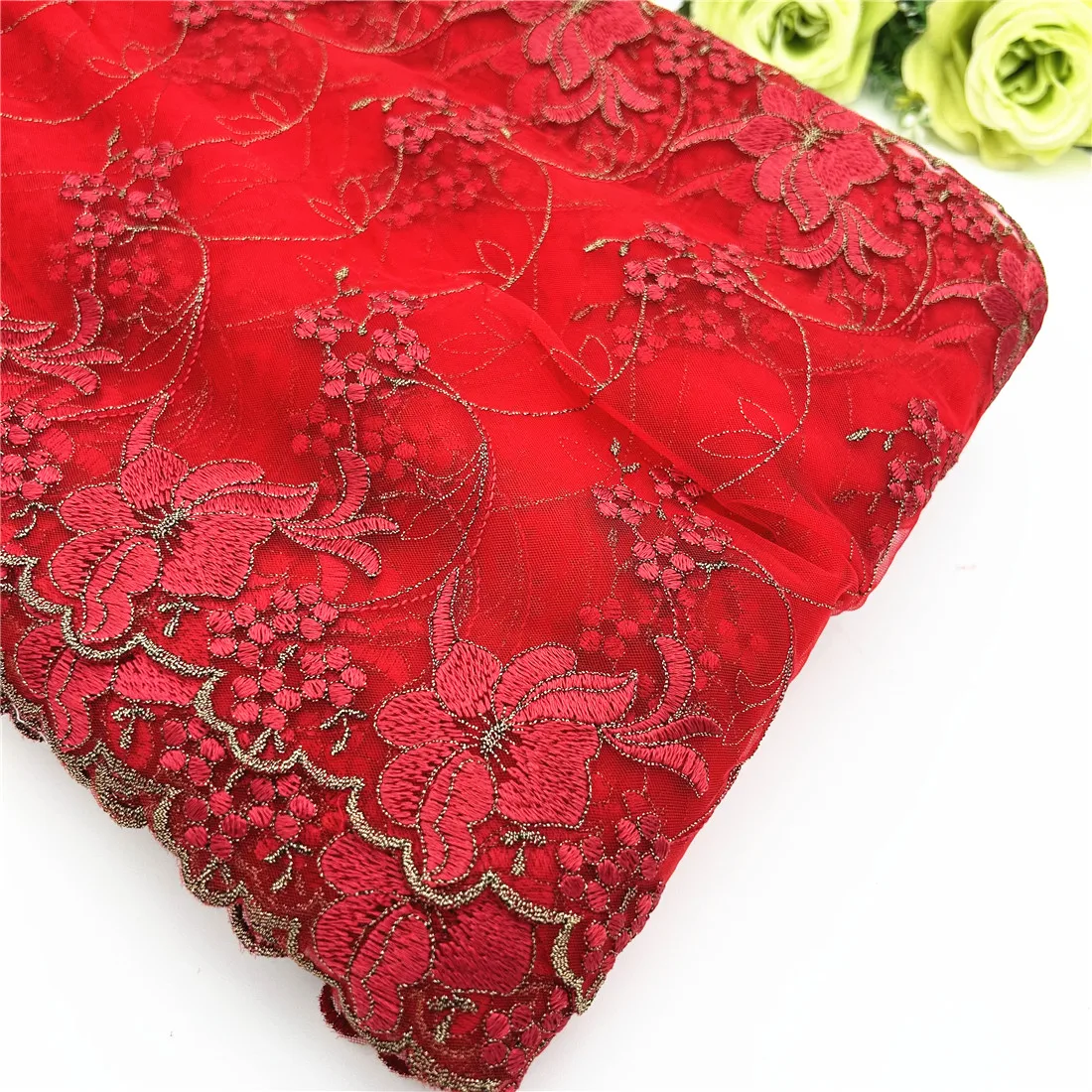 20y/lot Width 9Inch 23cm Red Gold Embroidery Floral Lace Trim Skirt Hem Underwear Sewing Material Craft DIY Apparel Fabrics Lace