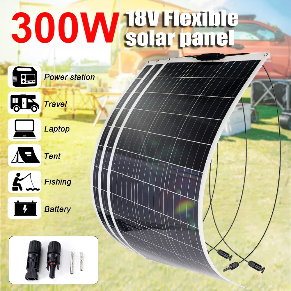 

300W Flexible Solar Panel Waterproof Monocrystalline Solar Panel Cell for Outdoor Camping RV/Boat/Car Battery Charger Emergency