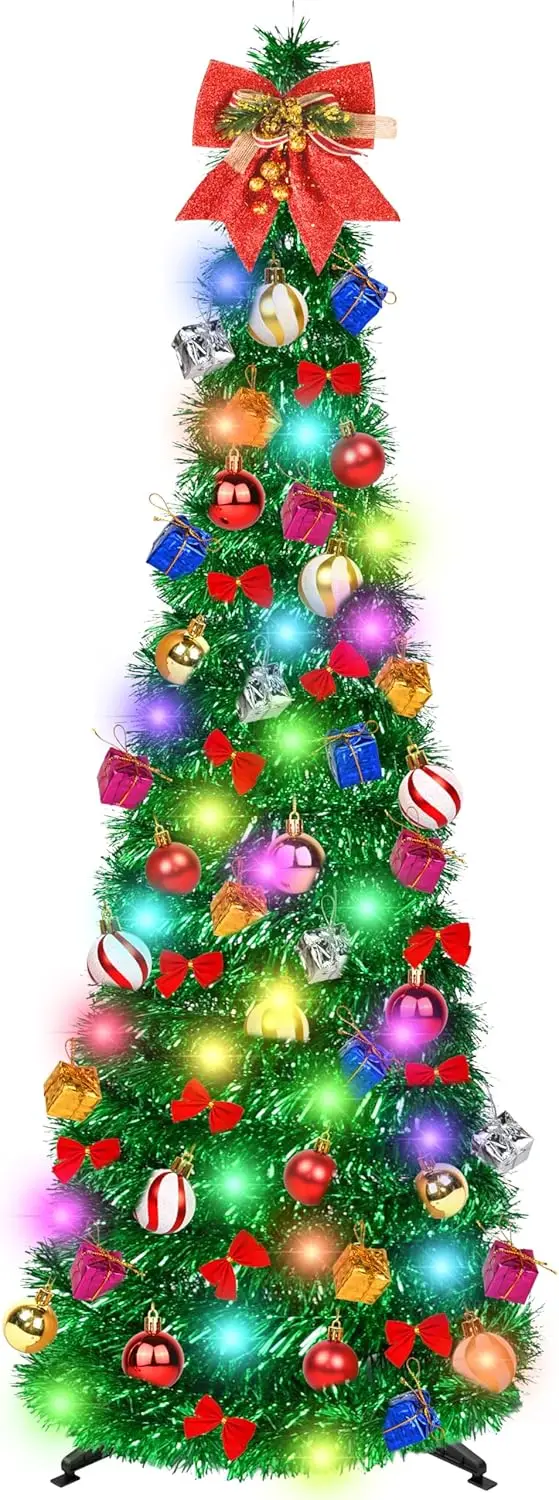 

Выдвижная рождественская елка-мишура длиной 5 футов с 50 светодиодными лампами, пультом дистанционного управления, топпером для дерева, простая сборка, складная елка-карандаш для Хо