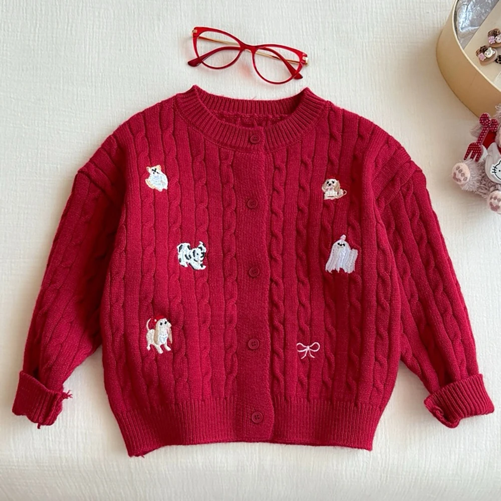 

Kids Girls Knit Jackets Autumn Winter Christmas Red Knitted Sweater Coats Children Clothes Cartoon Embroidery Cardigans Tops