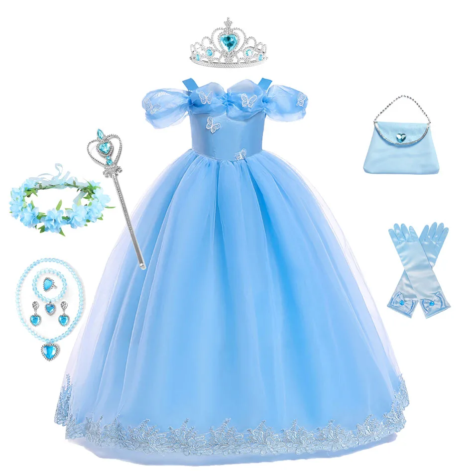 Ragazze capodanno blu abito lungo per bambini natale festa di compleanno abiti farfalla cenerentola costumi Cosplay abiti per bambini