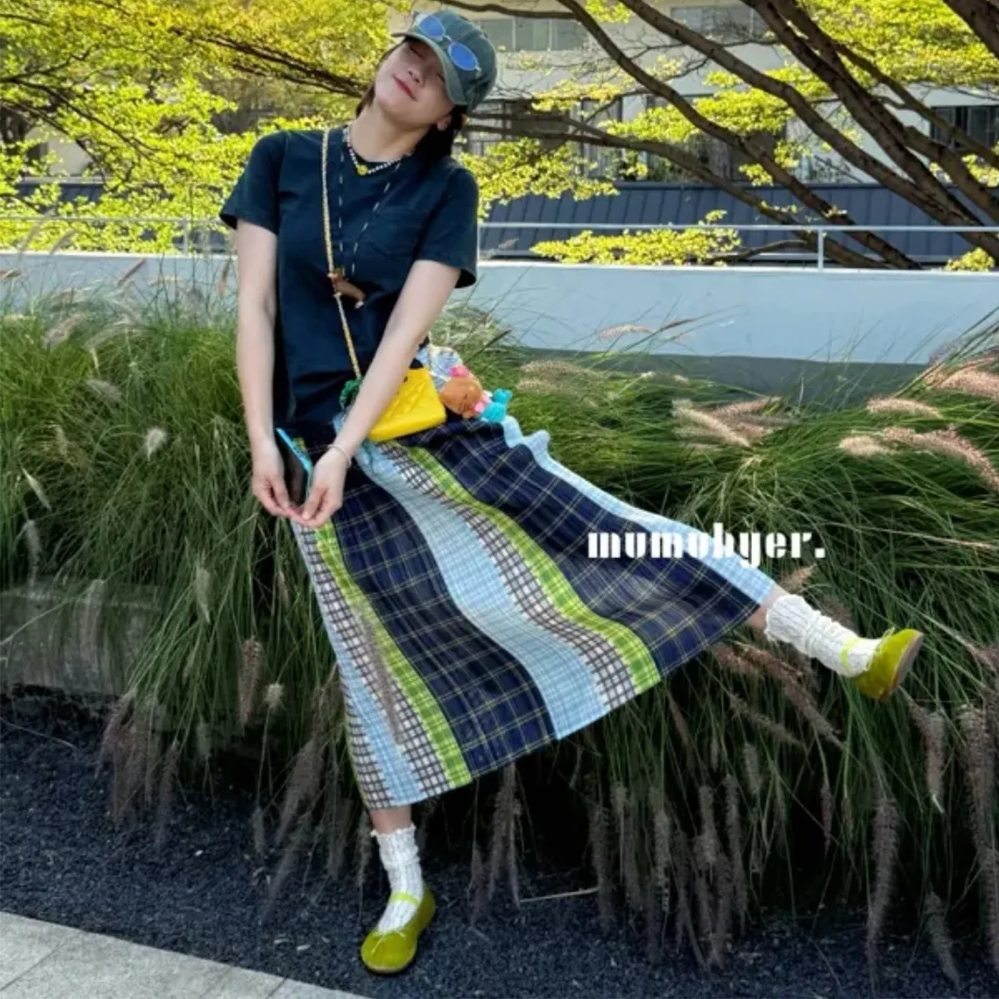 Miyake Pleated 2026 Plaid Splicing Half-body Skirt Female High Waist Thin Striped Color Collision Medium-length Versatile Skirt