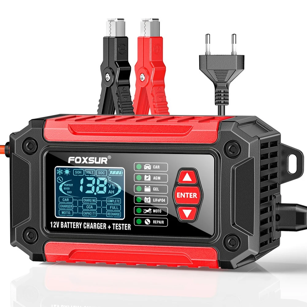 FOXSUR Car Battery Charger 12V 6A FTC-1206 Motorcycle Truck AGM LiFePO4 Lead Acid Batteries Maintainer Digital LCD Display