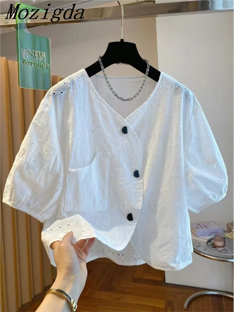 

Summer White Women Blouse Short Sleeve Puff Sleeves Shoulder Cutout Embroidered Loose Crop Ladies Tops