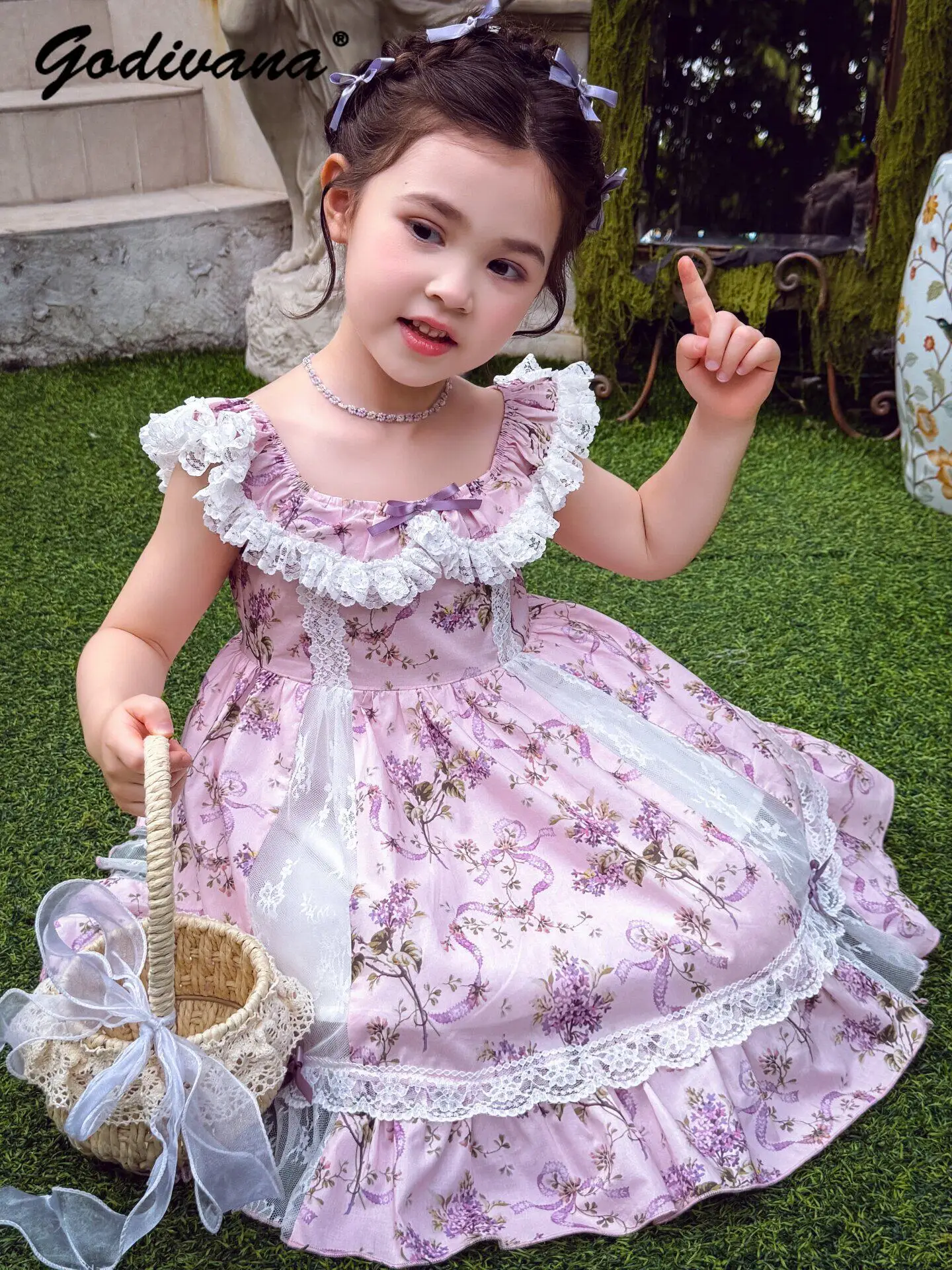 Sweet Baby Girls Pastorale Summer Thin Sleeveless Lace Trim Floral Casual Sundress Kids Elegant Soft Cotton A-line Cake Dress