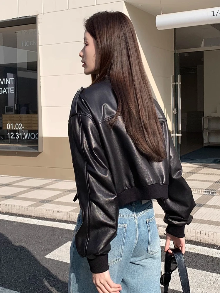 Casual Short Genuine Leather Motorcycle Jackets Women Spring Autumn High-end Simple Stand Collar Soft Black Real Sheepskin Coat