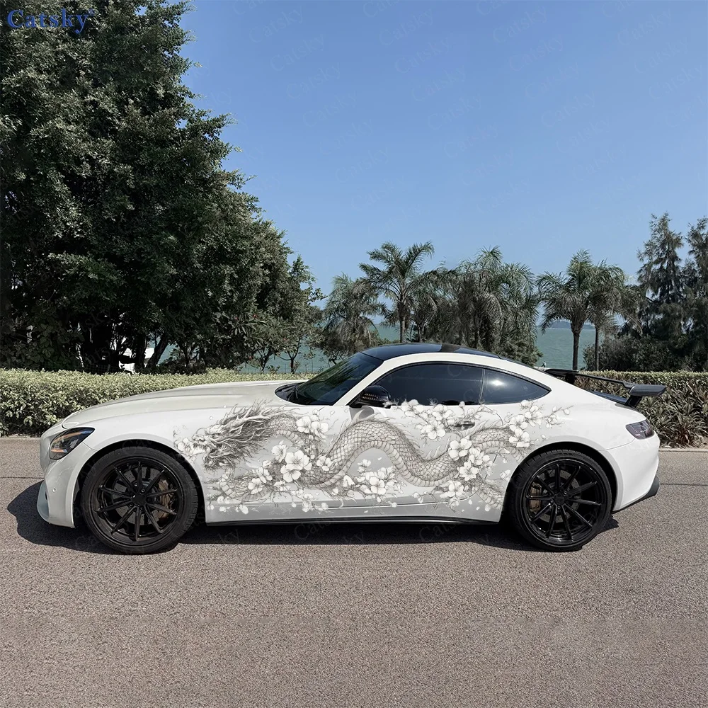 2Pcs Majestic Dragon with Blossoms Car Side Stickers, Automotive Door Side Graphics for Cars, Car Decoration Accessory
